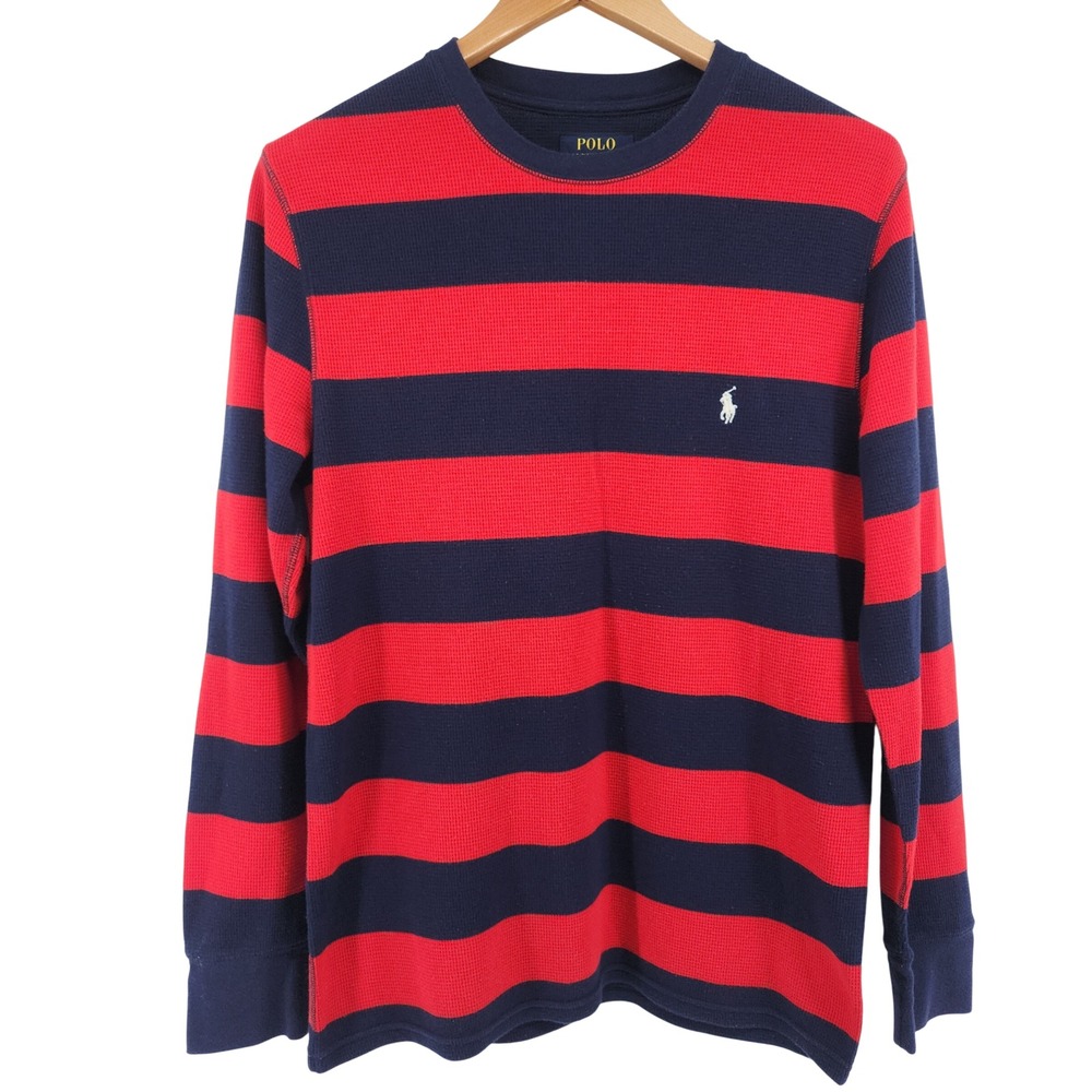 Polo Ralph Lauren Shirt Mens L Red Navy Striped Waffle Knit Thermal Long Sleeve